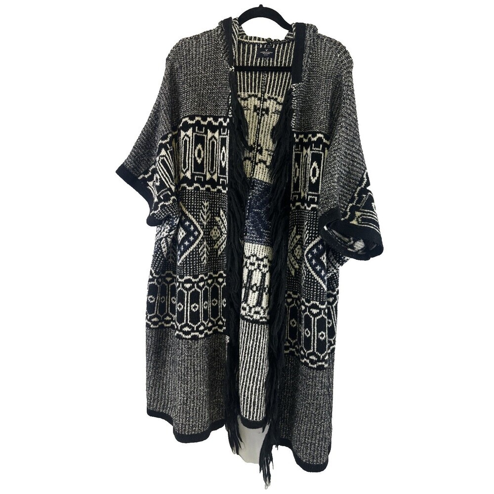 American Eagle Hooded Cardigan Duster Hooded Black Fringe Short Sleeves One Size